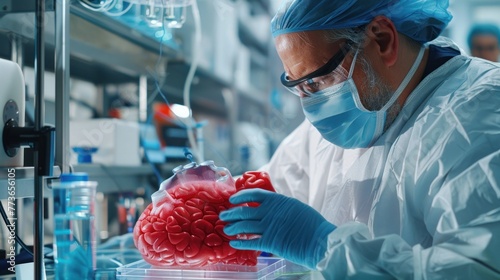 Scientist examining a realistic 3D-printed brain model in a laboratory, highlighting advancements in medical research and technology.