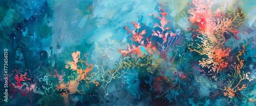 A symphony of coral and turquoise dances across an abstract stage  invoking a sense of tropical serenity.