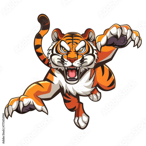 Tiger mascot  vector cartoon style on white background with sharp claws and teeth jumping towards viewer in mid-sprint