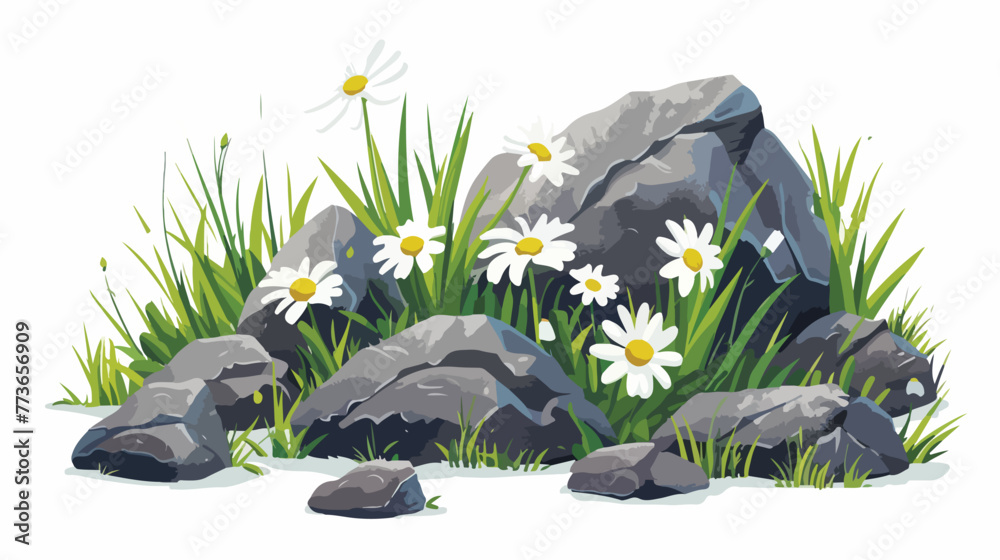 Daisy flowers with grass and rocks illustration fla - obrazy, fototapety, plakaty 