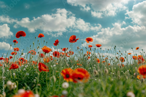 A field of poppies in spring  bright red flowers swaying in the wind  under a blue sky with white clouds 