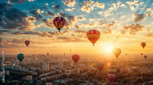 Hot air balloons flying over the city at sunset, panoramic view
