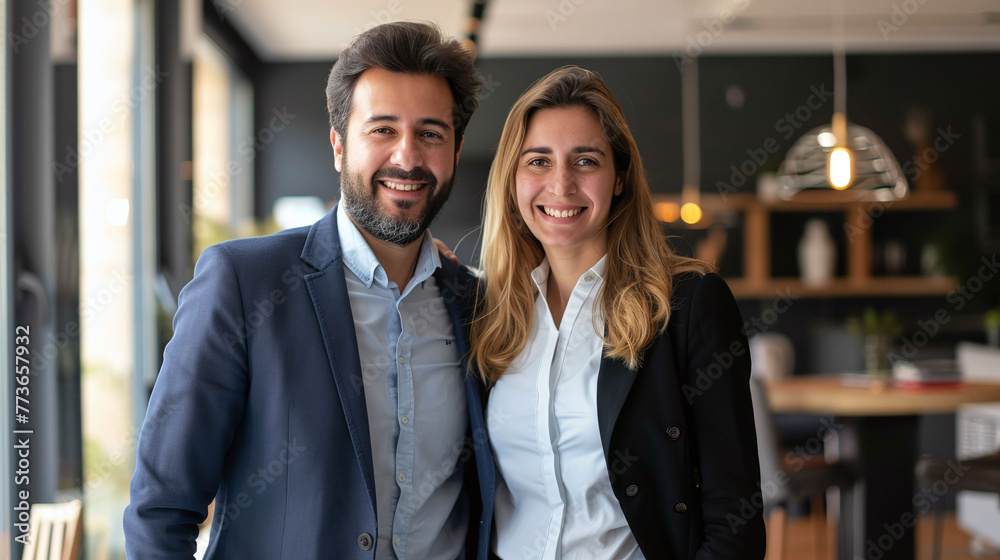 Cheerful Business Duo Poses for the Camera in Their Office Setting