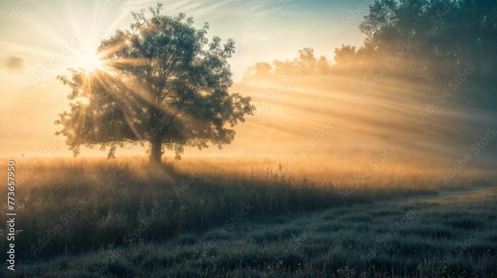 Fototapeta premium Sunrise in a summer meadow with fog and trees in the background