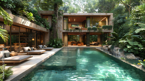 Exotic Dawn Retreat: Lounge and Pool in Luxurious Southeast Asian Greenhouse Amidst Rainforest © DesignDreams