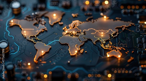 The illuminated digital map of the world is engraved on a dark printed circuit board. Innovative PC. Generative AI