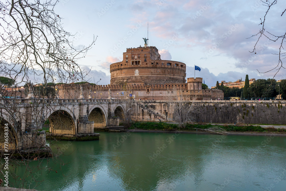 Bridge and Mausoleum Castel Sant Angelo at sunset in Rome, Italy Bridge and Mausoleum Castel Sant Angelo at sunset in Rome, Italy