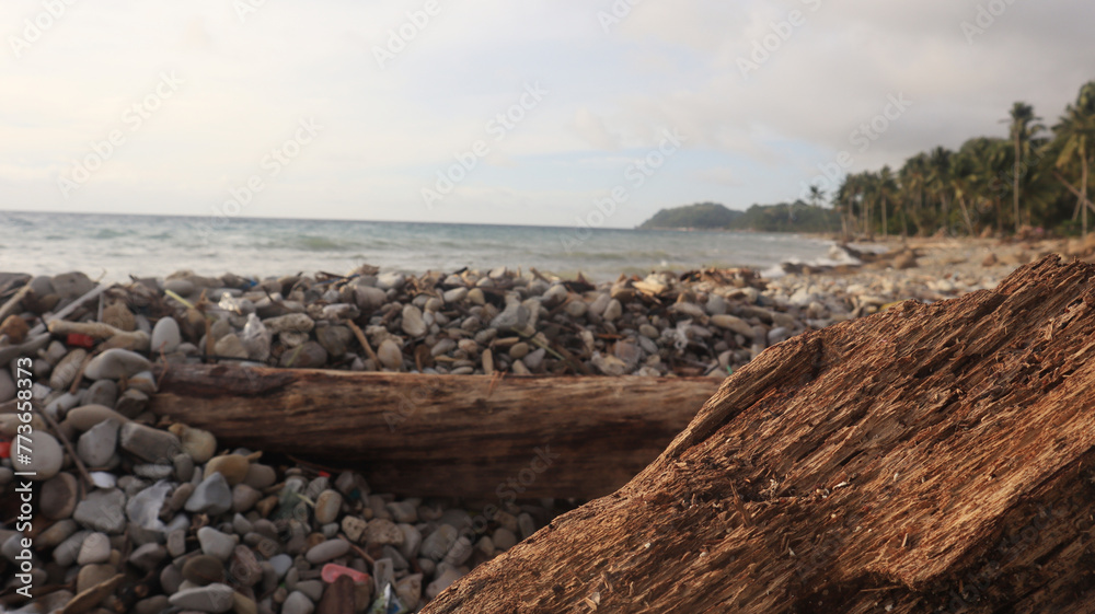  blurred bokeh light of sea and calm sky on tropical beach background