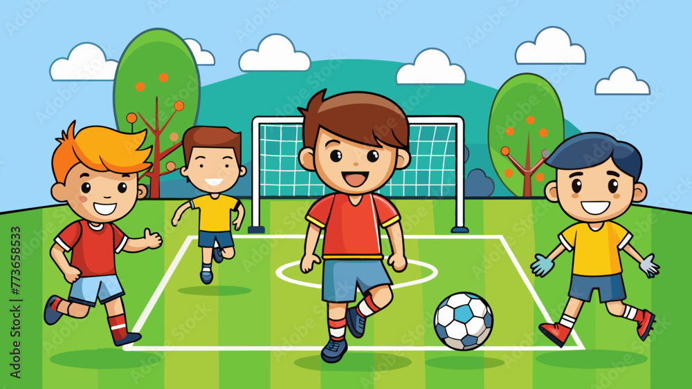  children football team boys playing football vector illustration