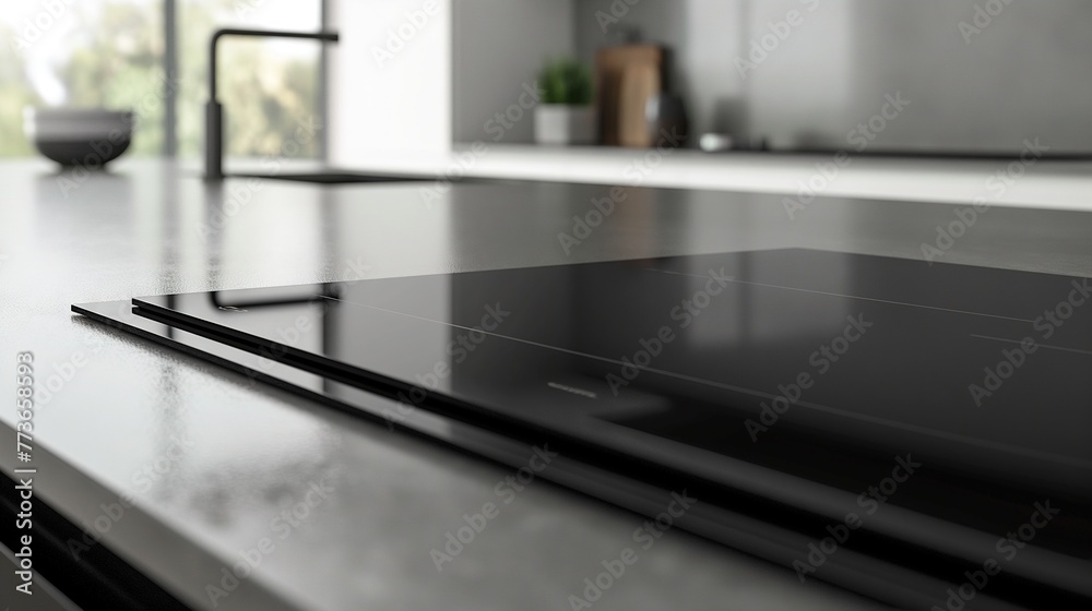 Elevated Simplicity Close Up of Black Glossy Induction Ceramic Hob Cooking Board in Modern Kitchen Interior, Redefining Culinary Sophistication
