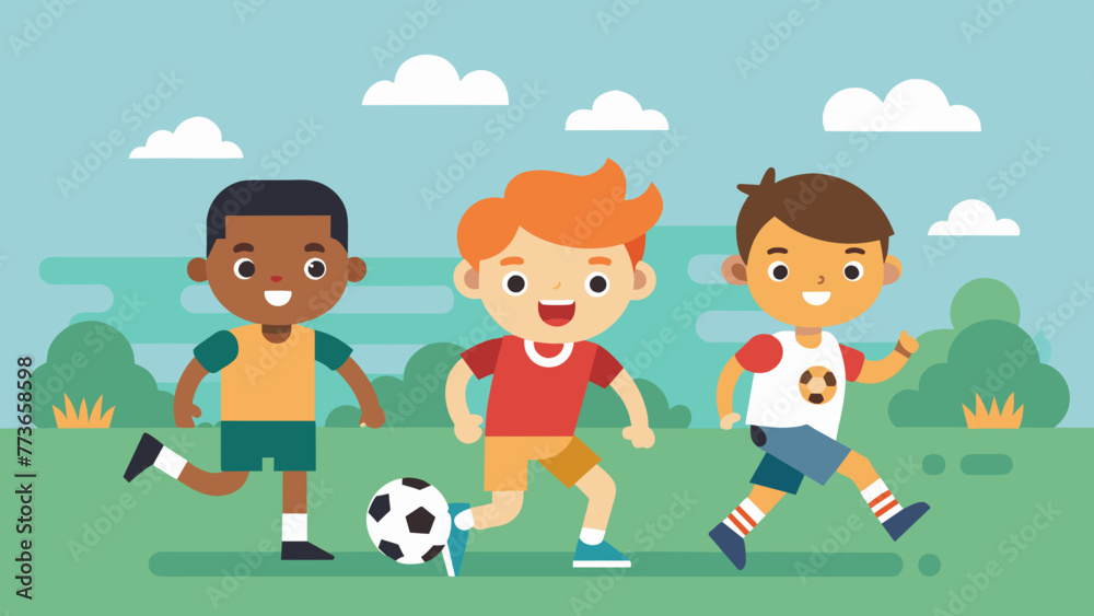  children football team boys playing football vector illustration