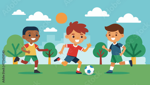  children football team boys playing football vector illustration