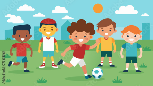  children football team boys playing football vector illustration