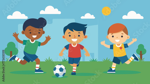  children football team boys playing football vector illustration