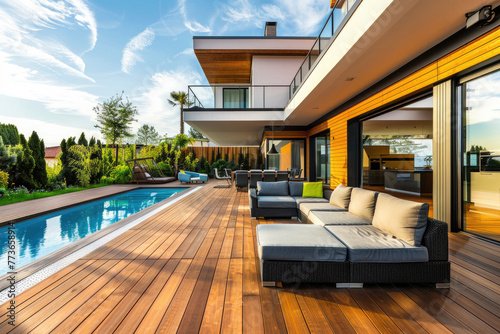 A modern wooden terrace with pool and garden in the background of an urban house, with sofa furniture on deck flooring wooden floor © Kien