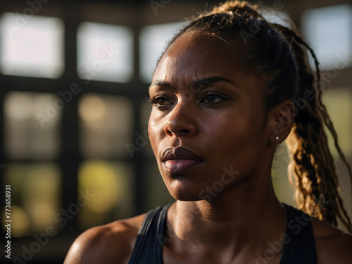 A black fitness woman with sweat on her face