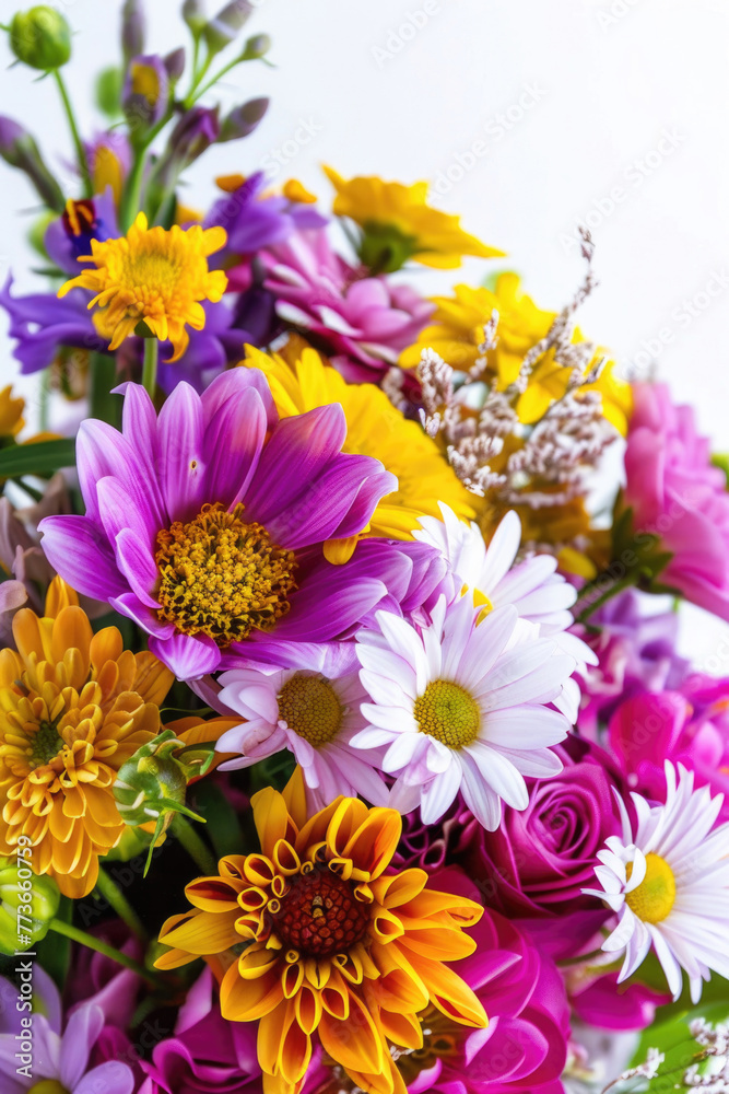 A vibrant and colorful bouquet of mixed flowers isolated on a white background