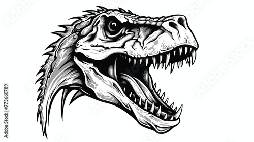 Dinosaur head skeleton spitting fire drawn in black