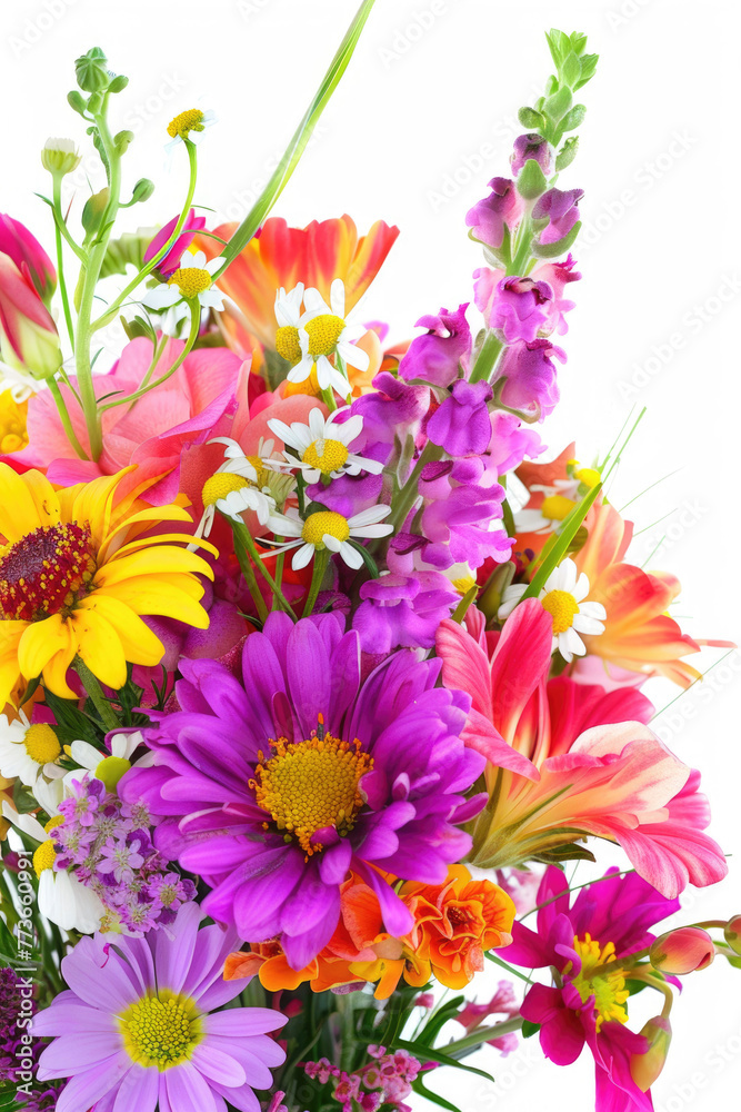A vibrant and colorful bouquet of mixed flowers isolated on a white background