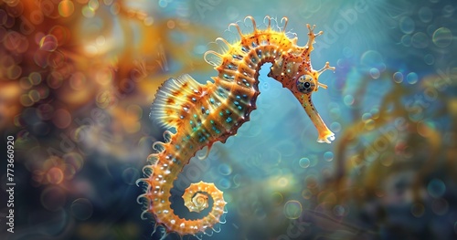 Seahorse hovering, tail curled, delicate and whimsical creature. 