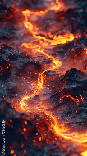 Intense Fiery Eruption of Molten Magma and Scorching Flames Amidst a Volcanic Landscape