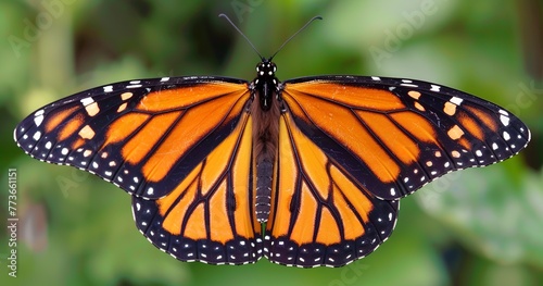 Monarch butterfly, wings spread, displaying vibrant orange and black patterns.  © Thanthara