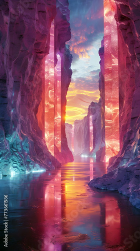 Mesmerizing Subterranean Sanctuary:A Vibrant,Cinematic Landscape of Neon-Hued Cliffs,Reflecting Pool,and Ethereal Ambiance