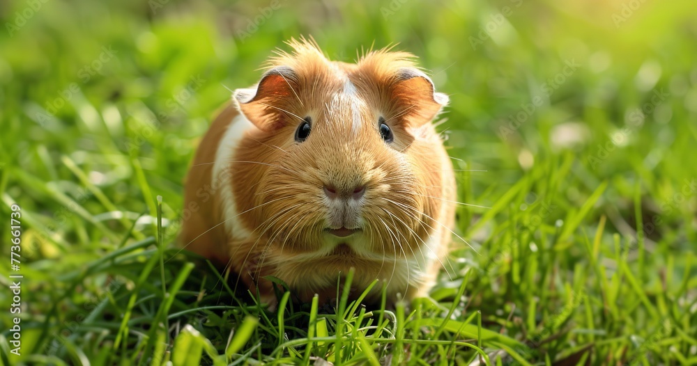 Guinea pig in the grass, small and inquisitive, a favorite farm pet. Guinea pig in the grass, small and inquisitive, a favorite farm pet.