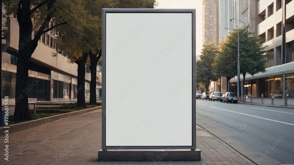Blank white billboard mockup on city street, buildings and road background, advertising information poster on street next to roadway bus station Blank white billboard mockup on city street, buildings and road background, advertising information poster on street next to roadway bus station