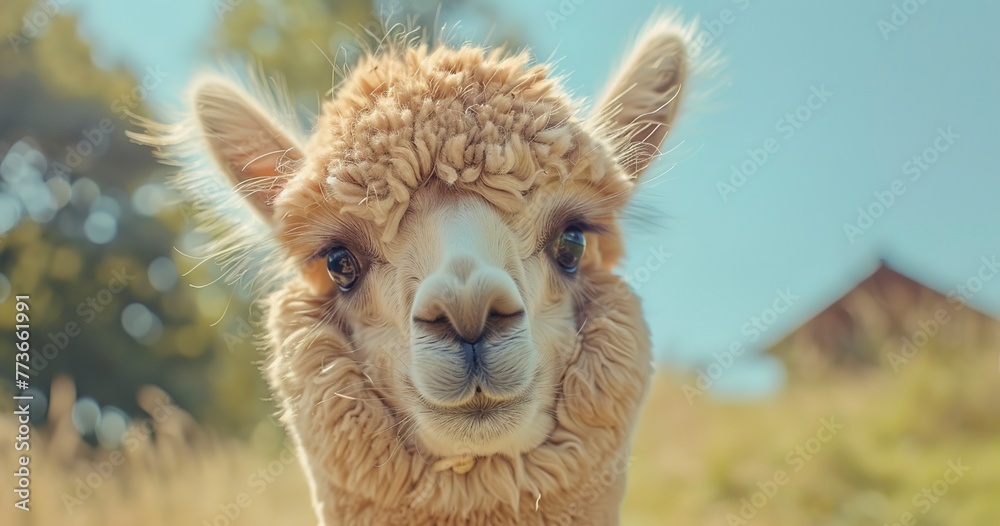 Obraz premium Alpaca with curious eyes, fleece luxurious, a gentle and valuable farm member. 