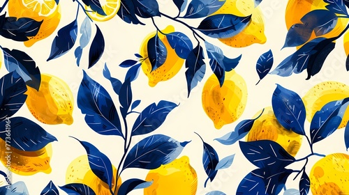 Digital yellow and blue lemon pattern illustration poster web page PPT background