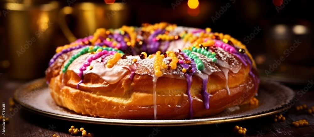 Sweet dessert of a delicious doughnut covered in vibrant icing and sprinkles placed on a ceramic plate