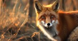 Red fox, bushy tail curled, eyes cunning and curious, a woodland survivor. 