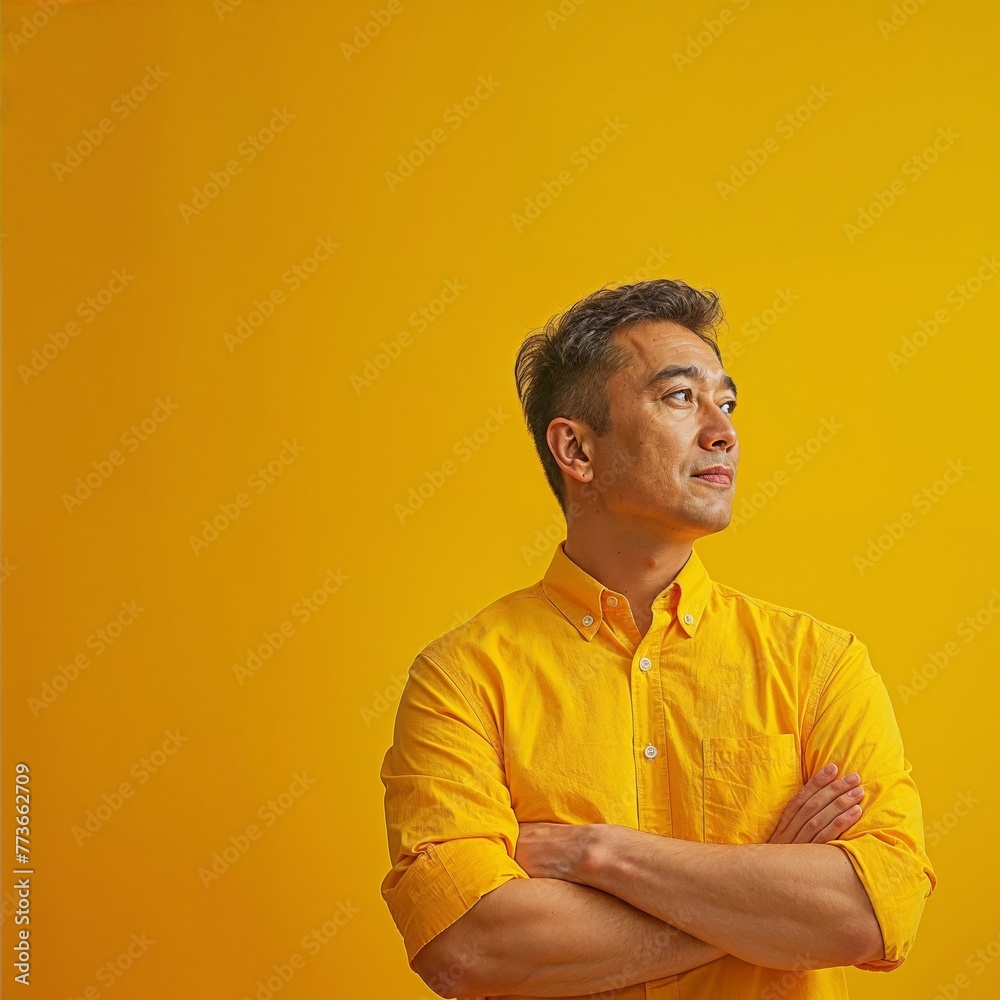 Obraz premium Contemplative middle-aged Asian architect in a yellow shirt poses thoughtfully, embodying professional confidence and experience
