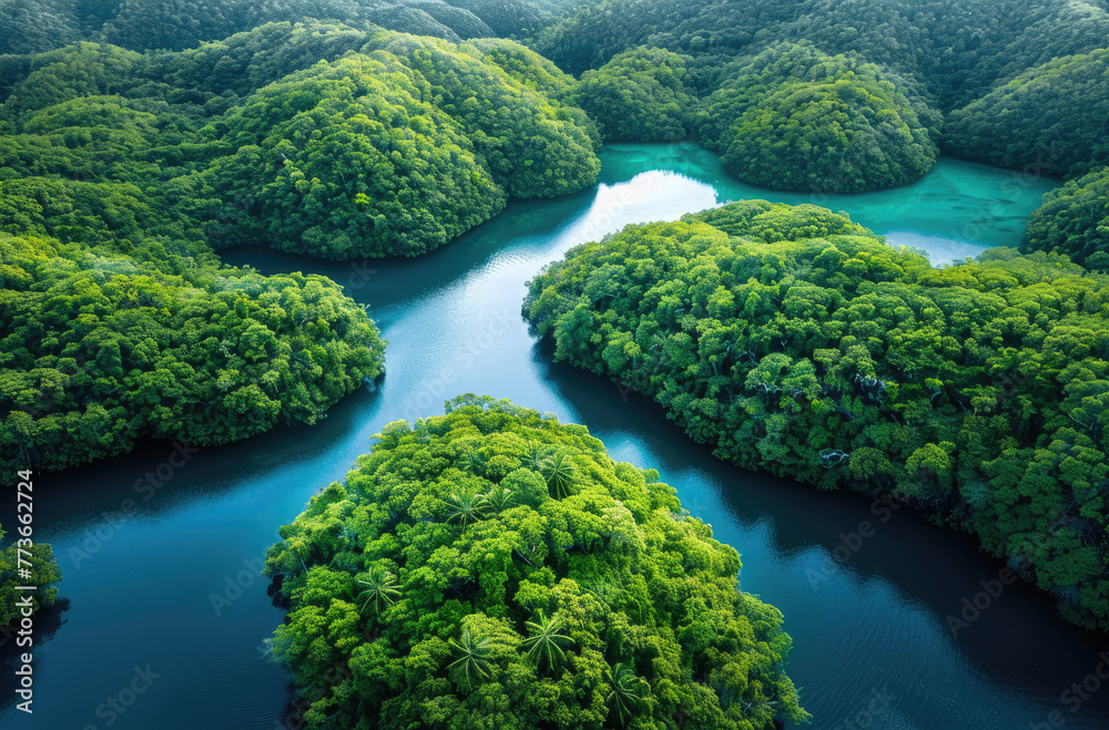 An aerial view of the beautiful tropical islands in Palau, with lush greenery and crystal clear waters, showcasing their unique topography