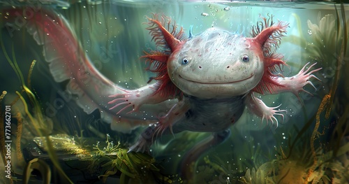 Axolotl, gills fluttering, underwater smile, a mysterious aquatic salamander. 