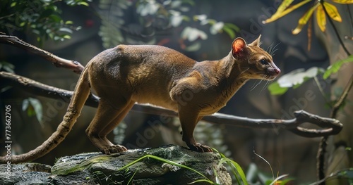 Fossa, sleek predator of Madagascar, cat-like movements, mysterious aura. 