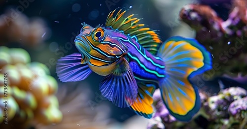 Mandarinfish  vibrant colors and patterns  swimming gracefully  reef beauty.