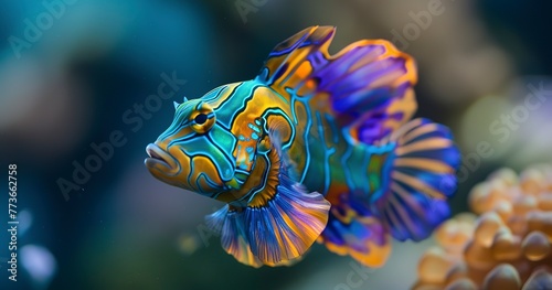 Mandarinfish, vibrant colors and patterns, swimming gracefully, reef beauty.  © Thanthara