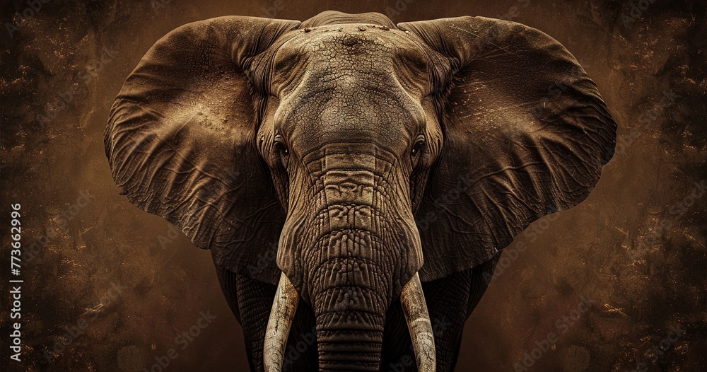 Elephant with large tusks, skin textured and wise eyes, family matriarch. - obrazy, fototapety, plakaty 