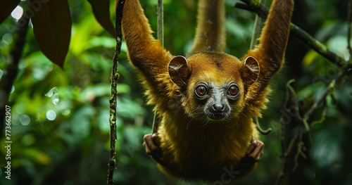 Kinkajou, hanging by its prehensile tail, a rainforest canopy dweller.  photo