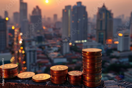 Stacks of coins reflecting the fiery sunset over a bustling city, symbolizing economic growth and investment
