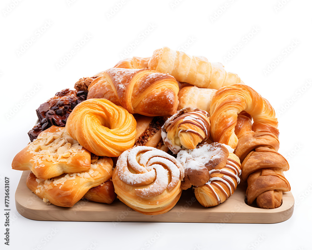 An assortment of fresh bakery items, including croissants and sweet pastries, presented on a wooden board against a white background. Generative AI An assortment of fresh bakery items, including croissants and sweet pastries, presented on a wooden board against a white background. Generative AI