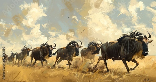 Wildebeest in mid-migration, horns curved, embodying the wild spirit of Africa. 