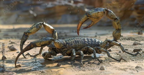 Scorpion poised to strike, tail arched, exoskeleton detailed. 