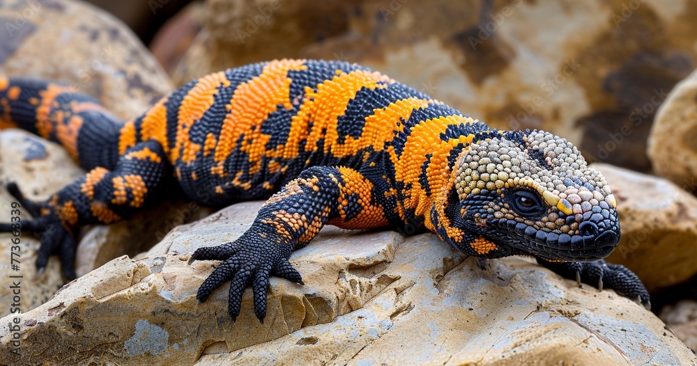 Gila Monster, vibrant and venomous, a rare sight among desert rocks. Gila Monster, vibrant and venomous, a rare sight among desert rocks.