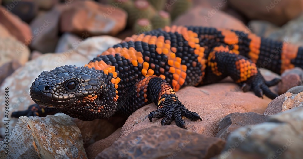 Fototapeta premium Gila Monster, vibrant and venomous, a rare sight among desert rocks. 