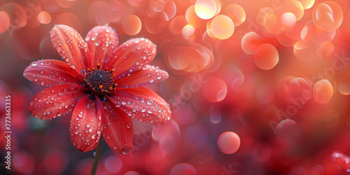 A scarlet flower, caressed by dew under a soft glow, stands against a sea of crimson bokeh, embodying passion and warmth