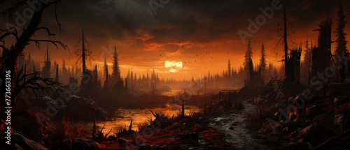 A dramatic, dystopian landscape at sunset, featuring silhouettes of destroyed trees and ruins with a large moon rising in the background
