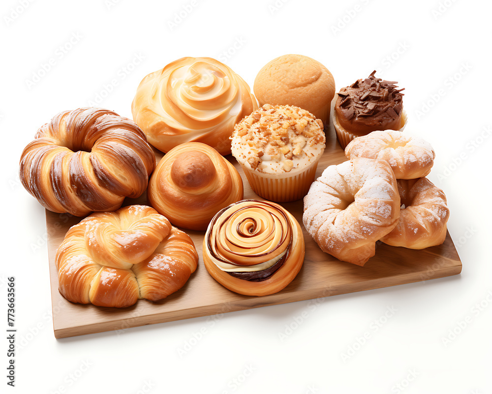 An assortment of fresh bakery items, including croissants and sweet pastries, presented on a wooden board against a white background. Generative AI